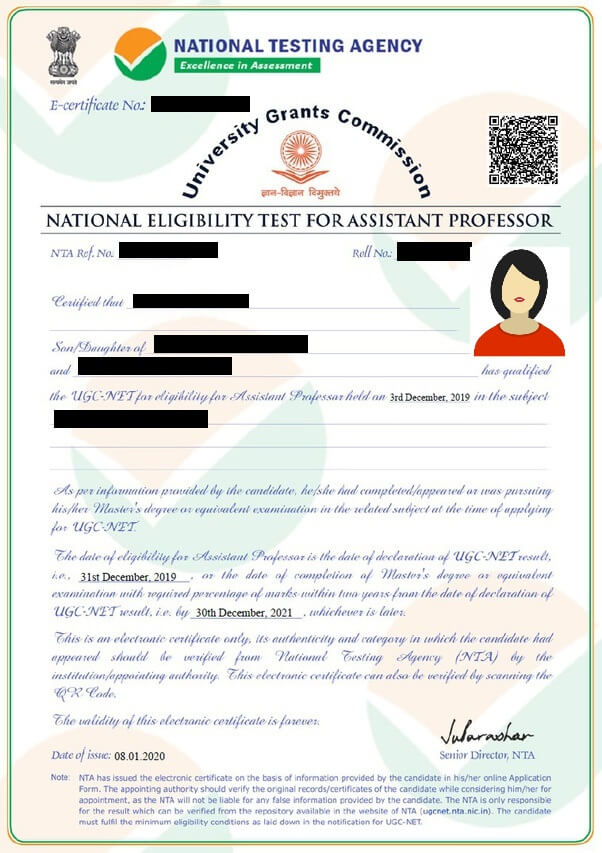 UGC NET certificate sample