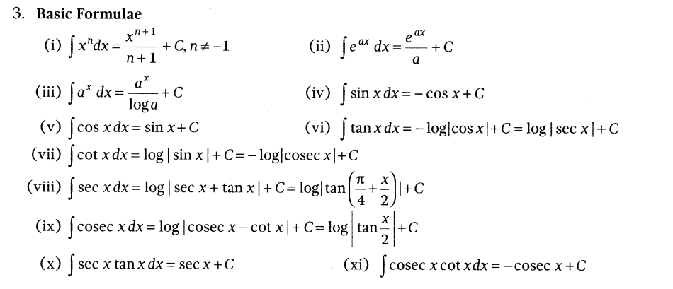 NCERT Solutions for Class 12 Maths Chapter 7 Integrals basic formulas